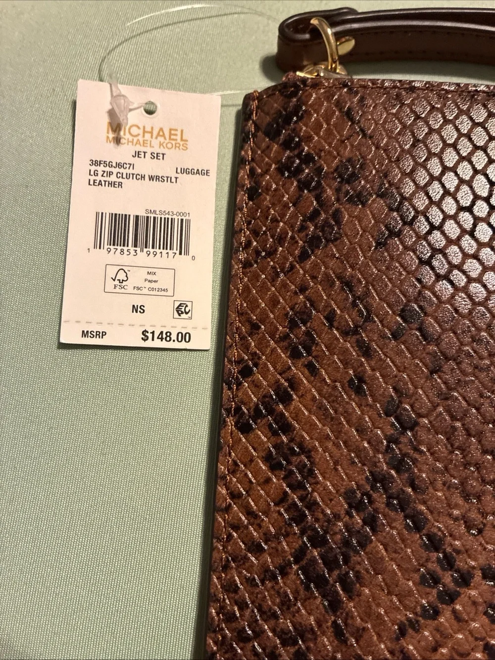 Michael Kors Brown Snake-Print Wristlet Clutch with Gold Hardware